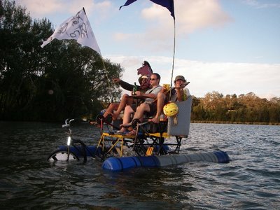 Sometimes we go boating on the world's first tall amphibious couchbike...